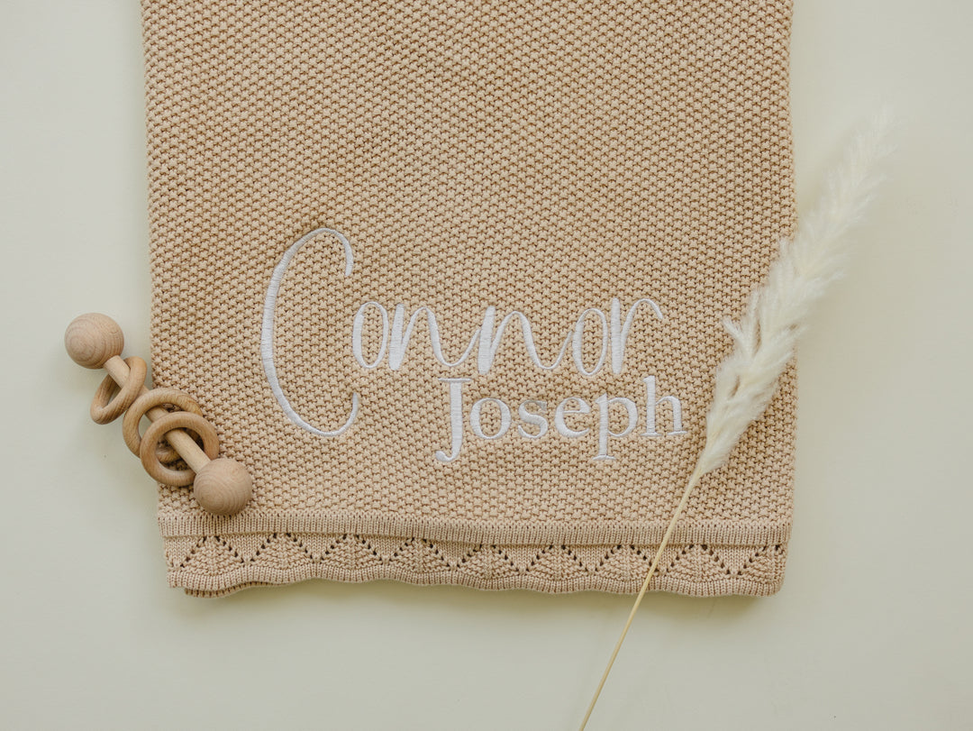 Scalloped Edge Baby Knit Blanket  - Soft Beige