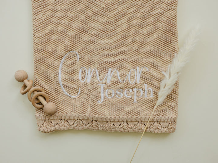 Scalloped Edge Baby Knit Blanket  - Soft Beige