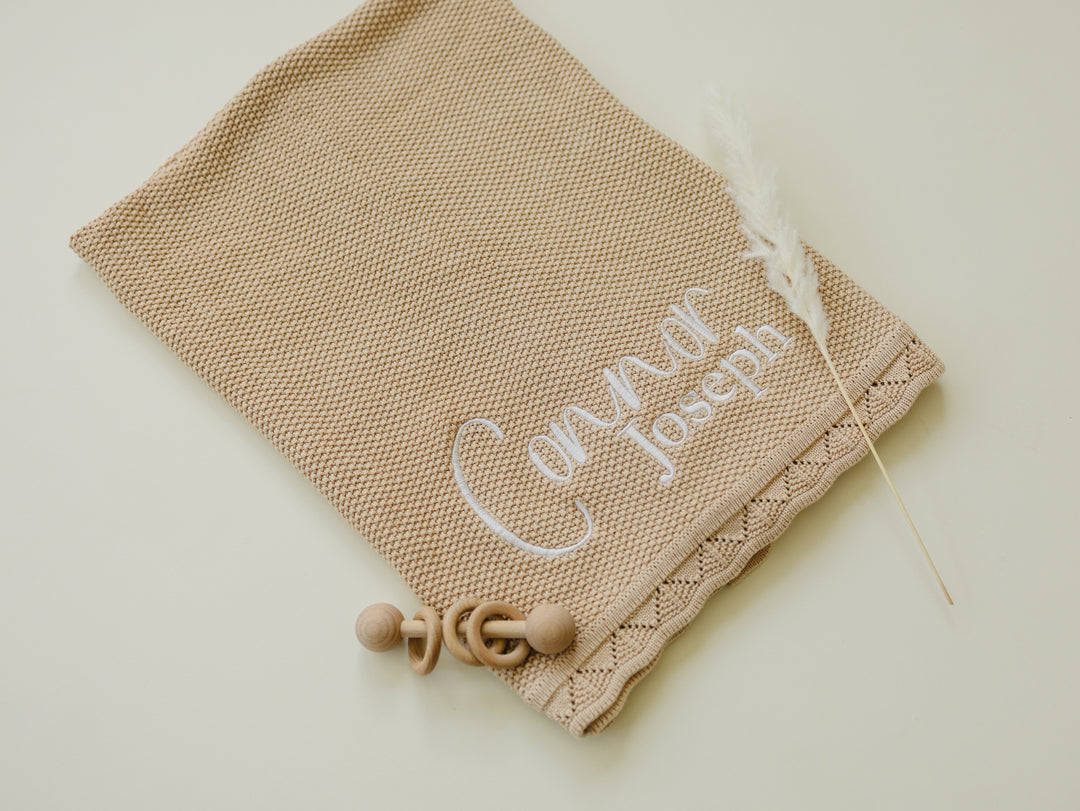 Scalloped Edge Baby Knit Blanket  - Soft Beige