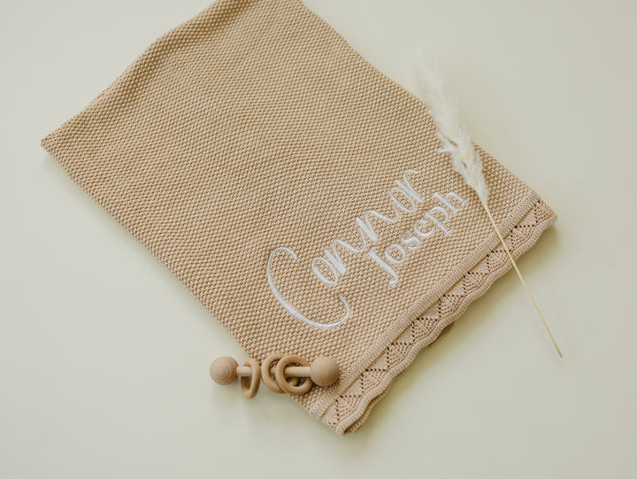 Scalloped Edge Baby Knit Blanket  - Soft Beige