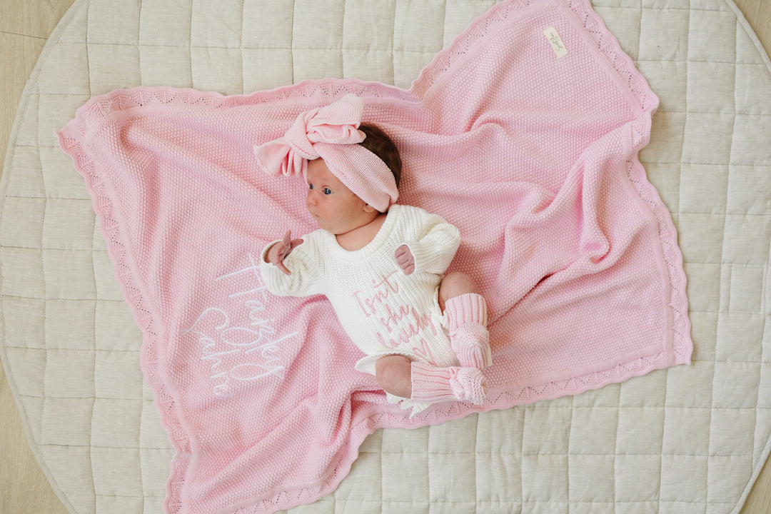 Scalloped Edge Baby Knit Blanket  - Candy Pink