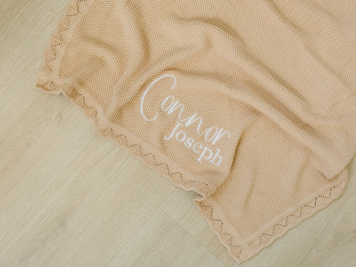 Scalloped Edge Baby Knit Blanket  - Soft Beige
