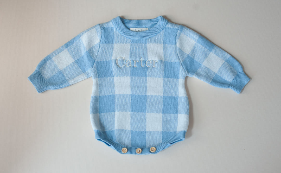 Gingham Print Romper  - Blue