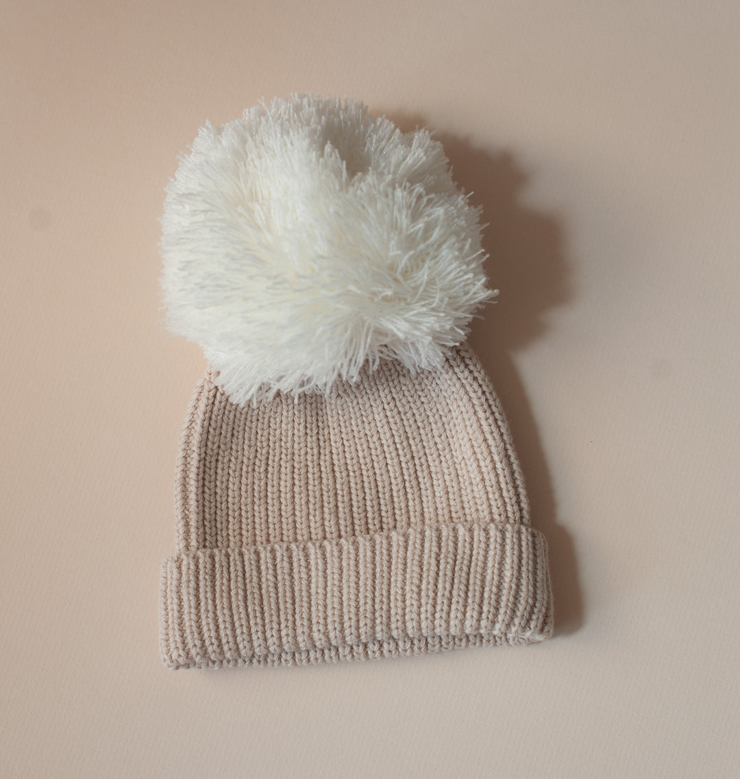 Cuff Knit Pom Pom Beanie in Tan