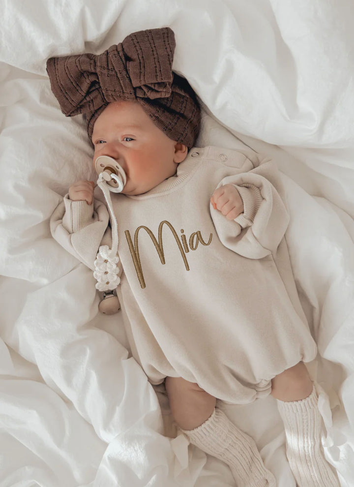 Personalized Long Sleeve Bubble Romper - Natural