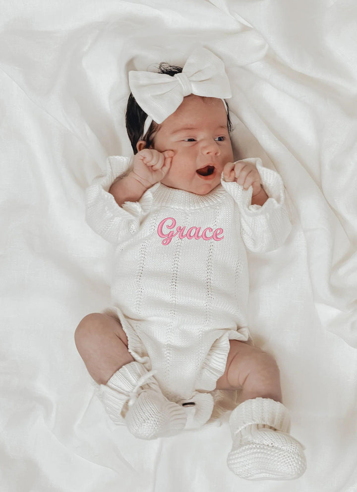 Personalizable Asteria Ruffle Romper in Warm White