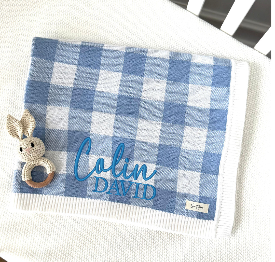 Gingham Knit Blanket  - Blue