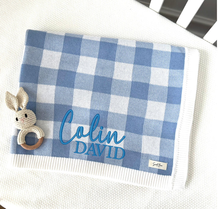 Gingham Knit Blanket  - Blue