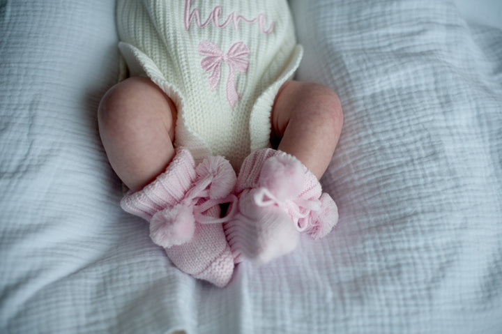 Knit Pom Pom  Booties in Petal Pink