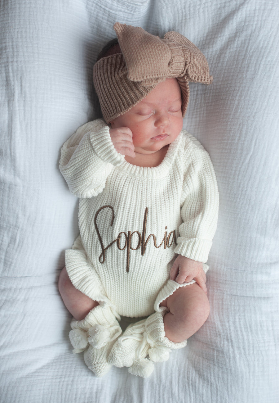 Ribbed Ruffle Leg Personalized Romper - Warm White
