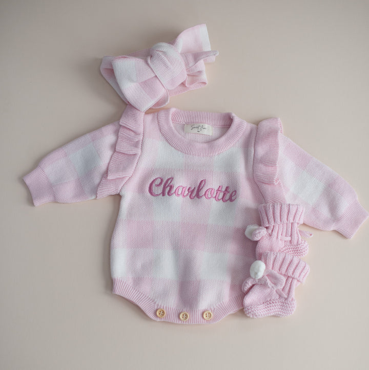 Gingham Print Ruffle Romper  - Pink