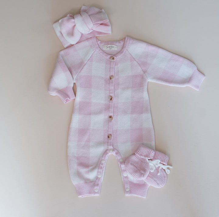 Gingham Knit Jumpsuit in Pink