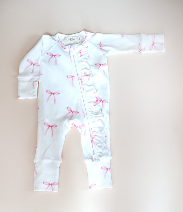 Ruffle Full Zip Romper| Pink Bows