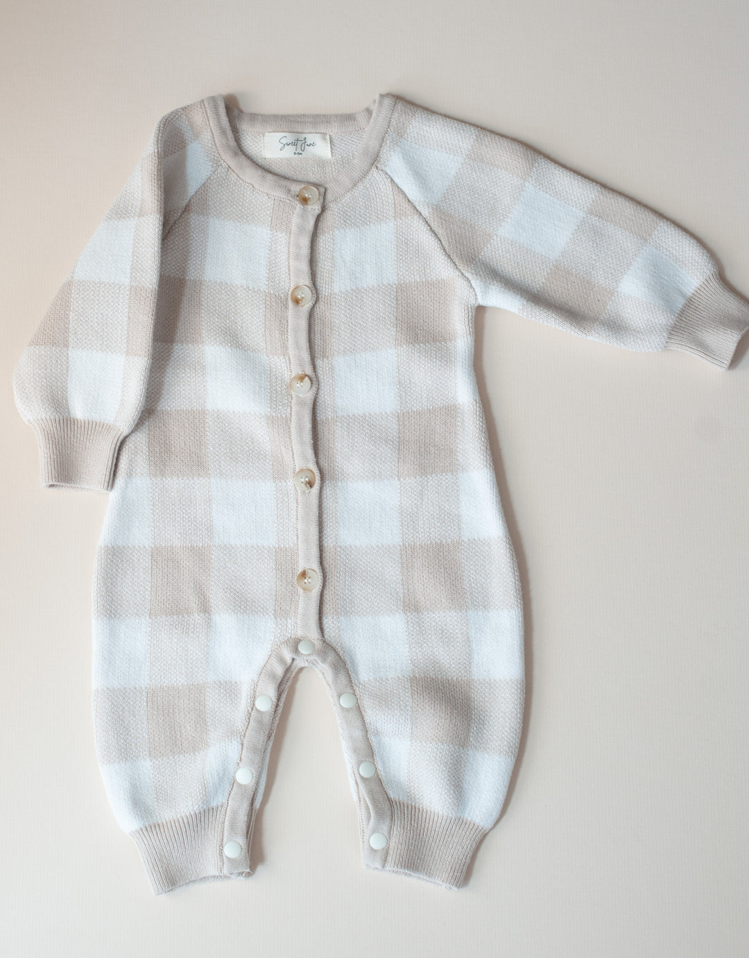 Gingham Knit Jumpsuit in Tan