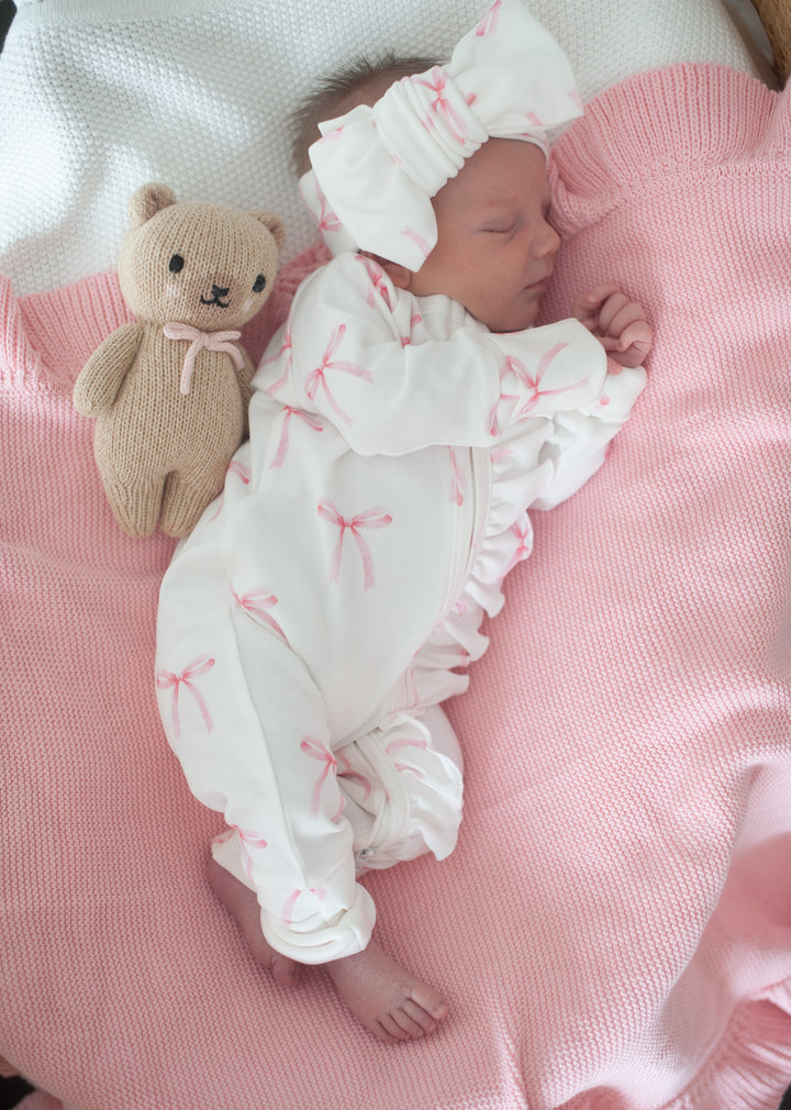 Ruffle Full Zip Romper| Pink Bows