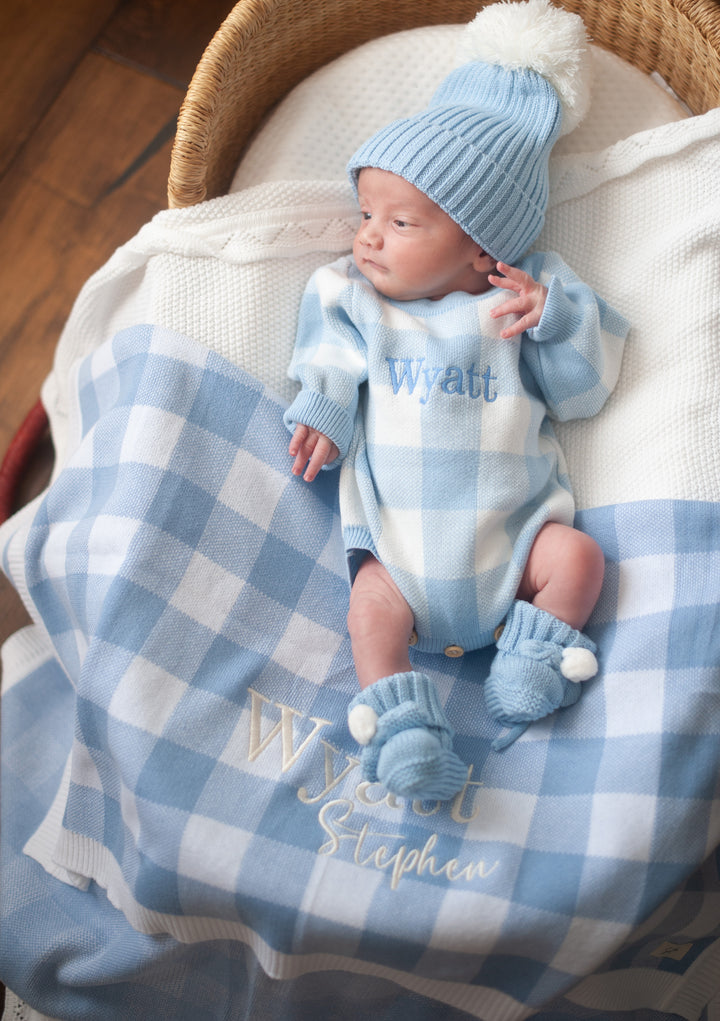 Gingham Knit Blanket  - Blue