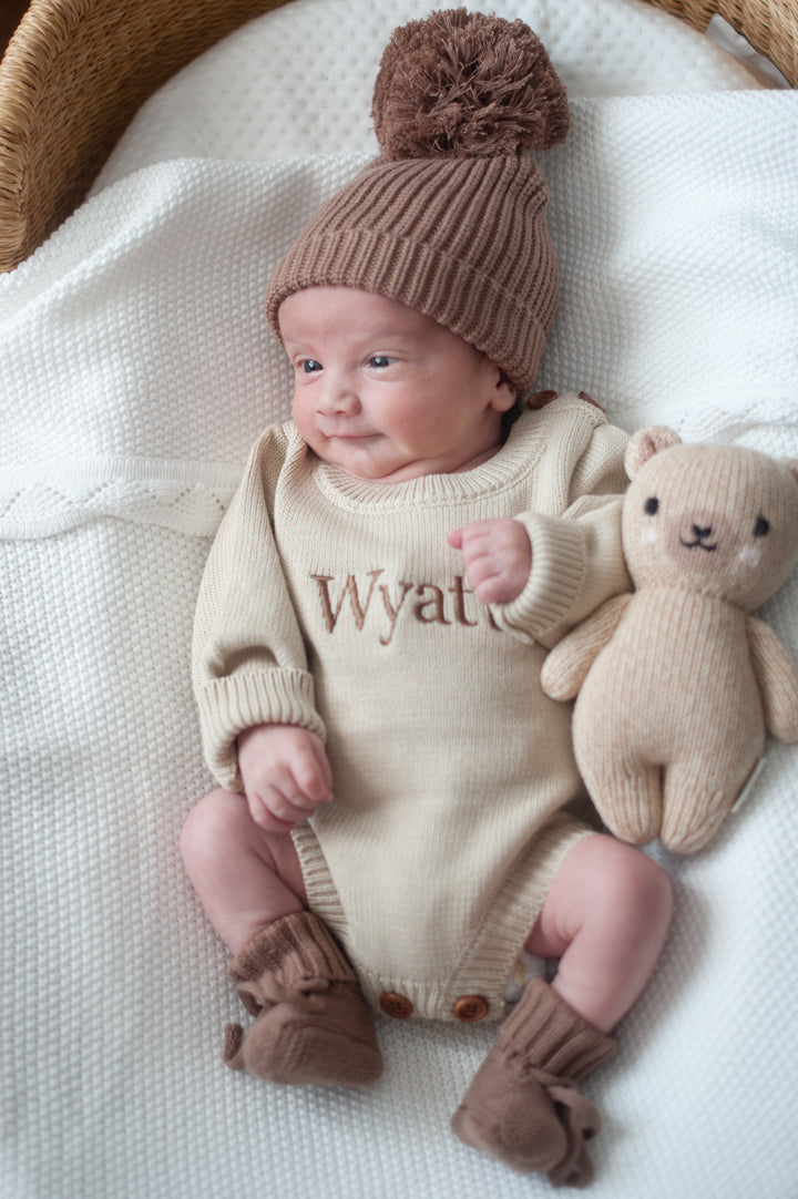 Personalized Knit Long Sleeve Romper - Toffee