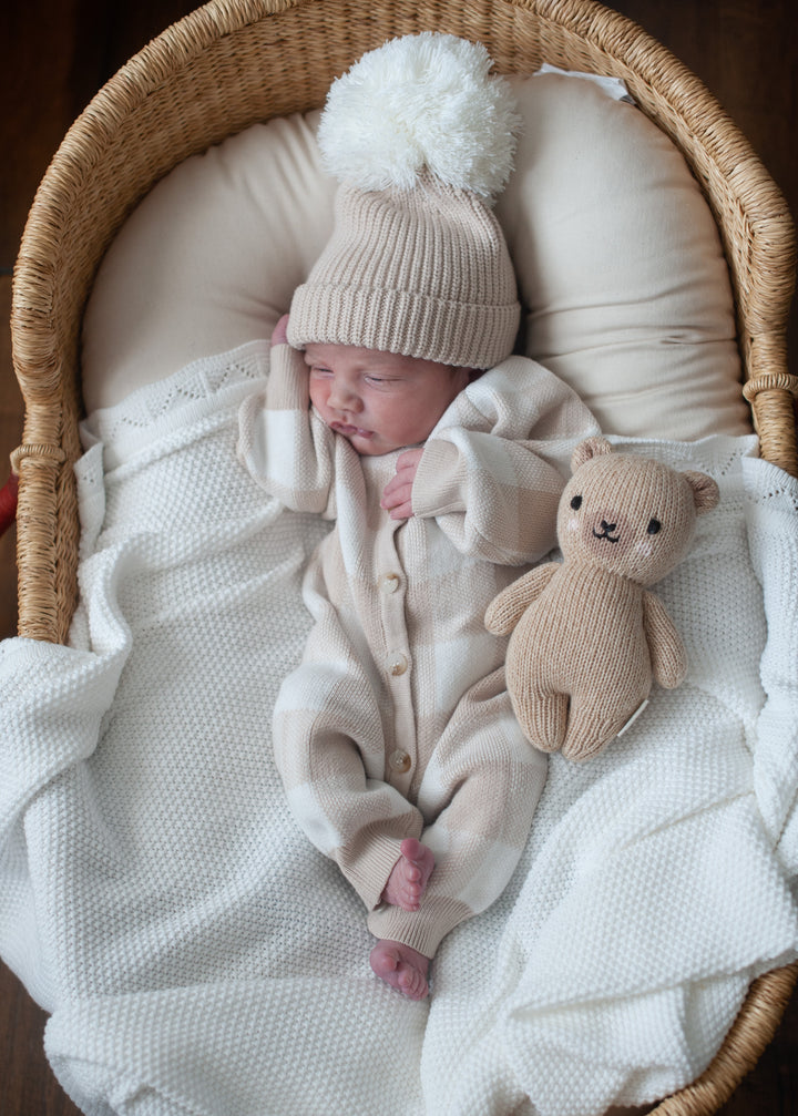 Gingham Knit Jumpsuit in Tan