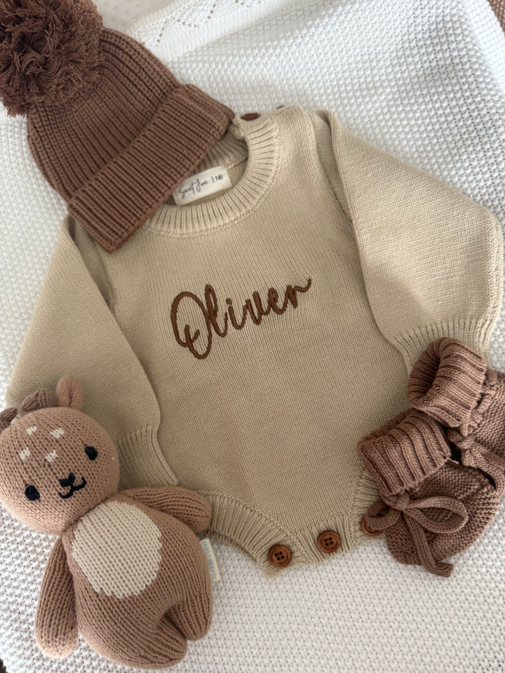 Personalized Knit Long Sleeve Romper - Toffee