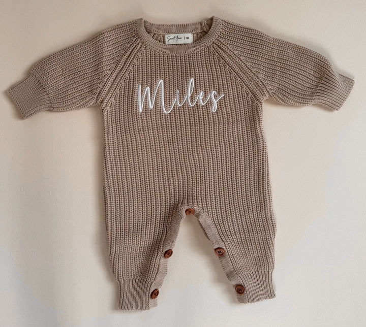 Long Ribbed Personalized Romper - Teddy Brown
