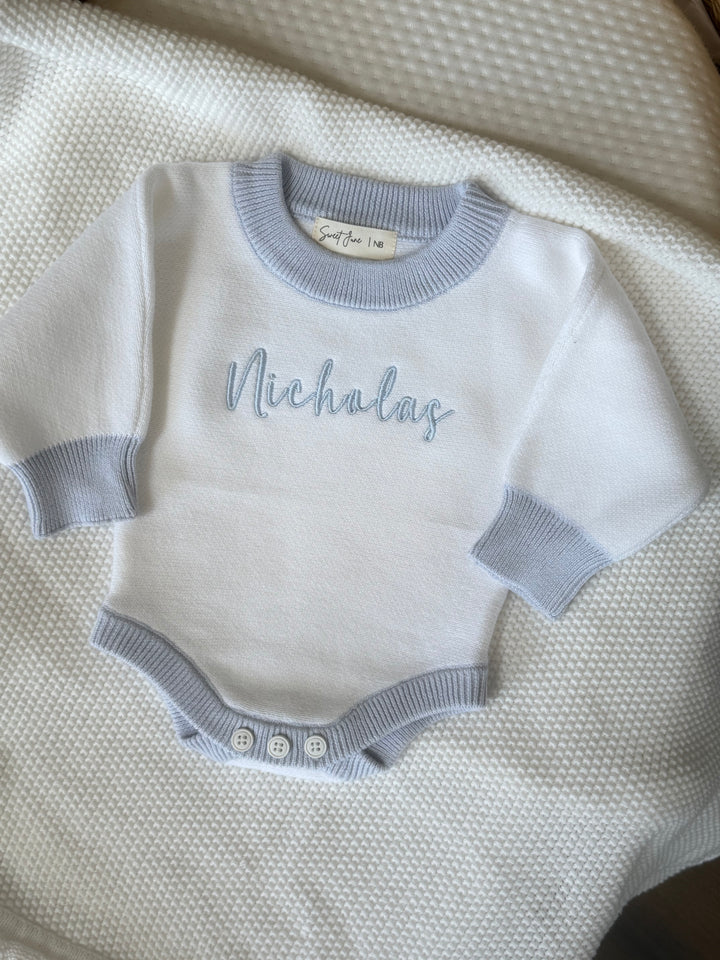 Flat Knit Personalized Romper - Dusty Blue Trim