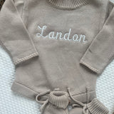 Personalized Knit Long Sleeve Romper - Fawn