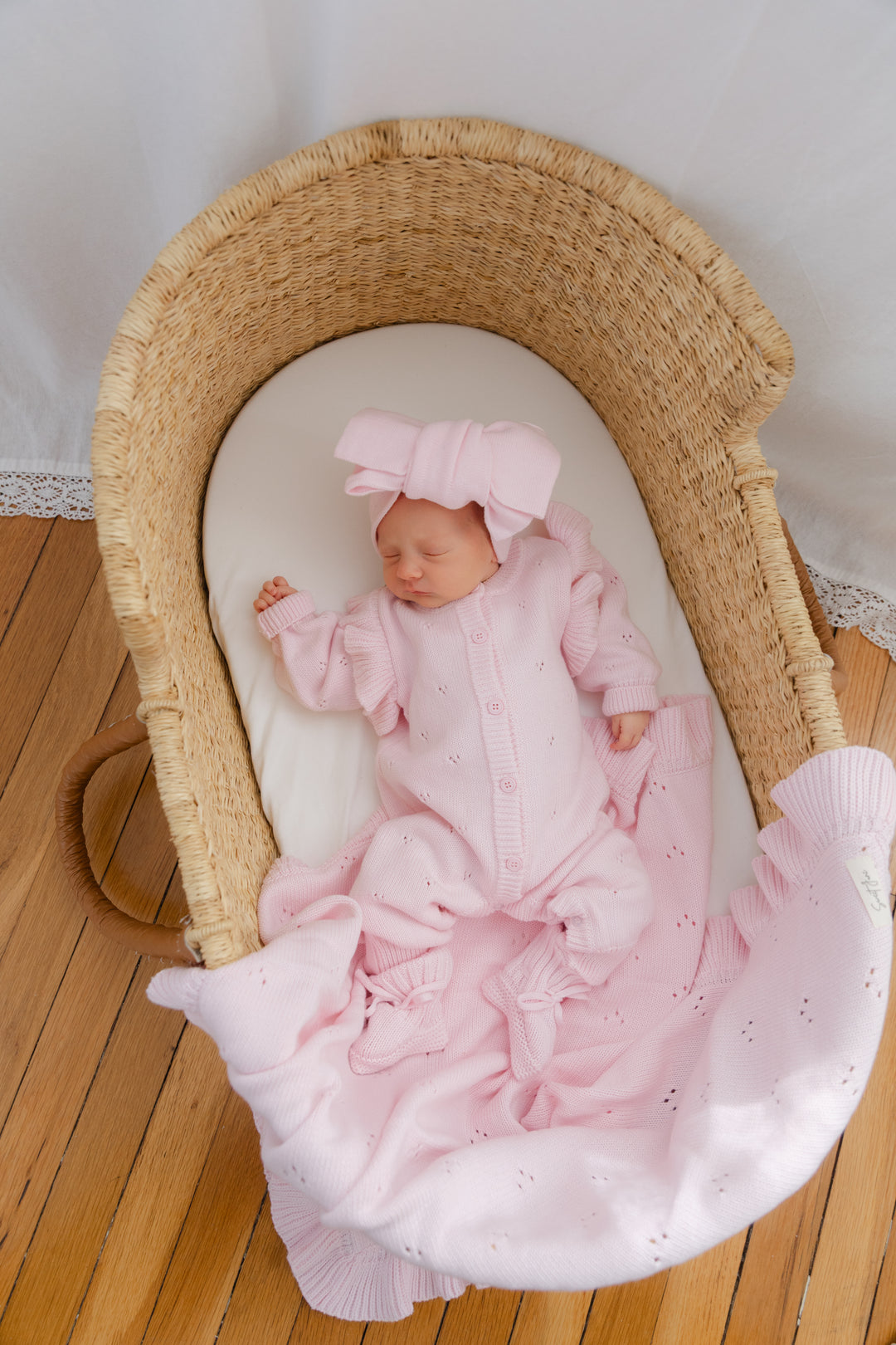 Pointelle Ruffle Knit Jumpsuit in Petal Pink