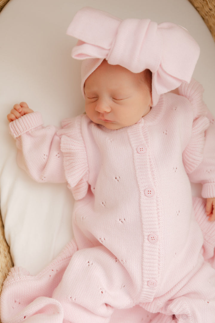 Pointelle Ruffle Knit Jumpsuit in Petal Pink