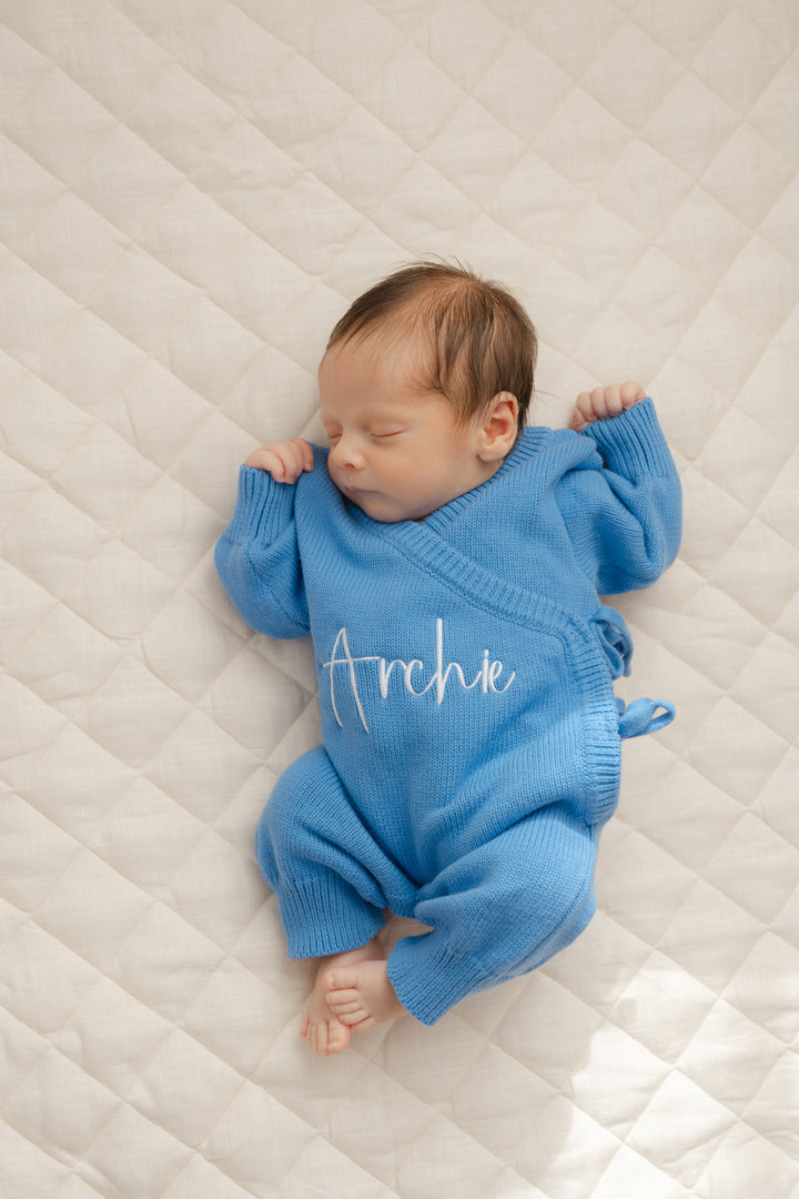 Long Wrap Knit Romper - Cornflower Blue