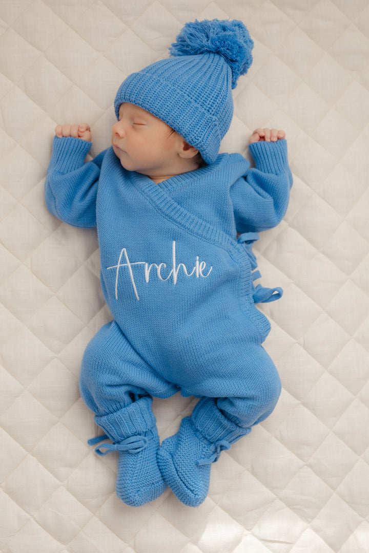 Long Wrap Knit Romper - Cornflower Blue