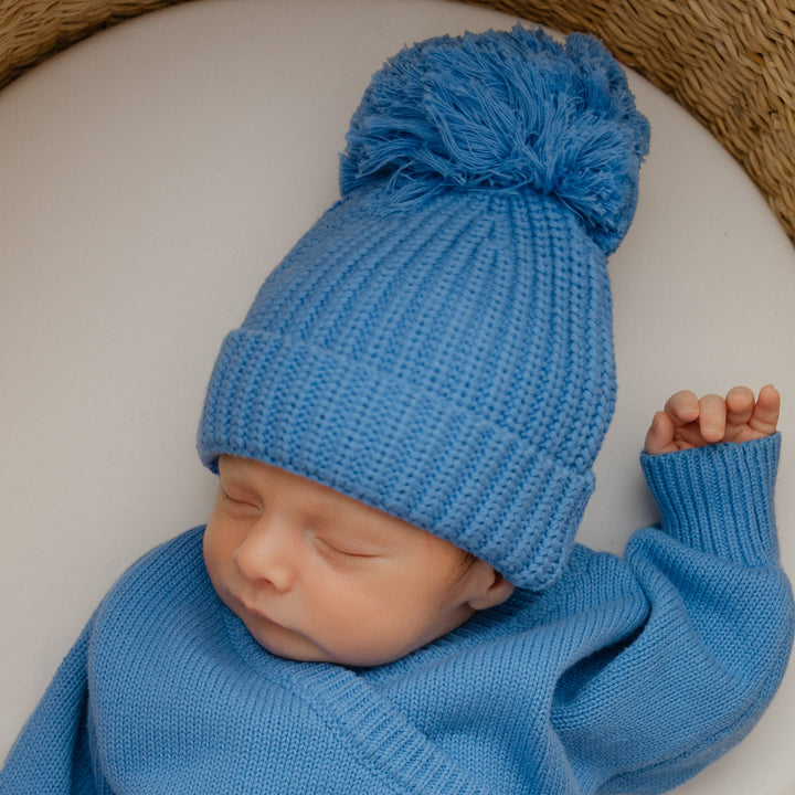 Cuff Knit Pom Beanie - Cornflower Blue