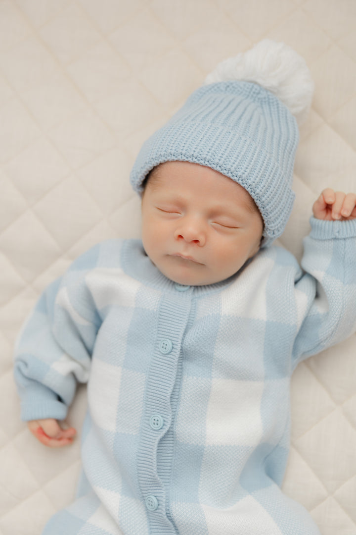 Cuff Knit Pom Pom Beanie in Baby Blue