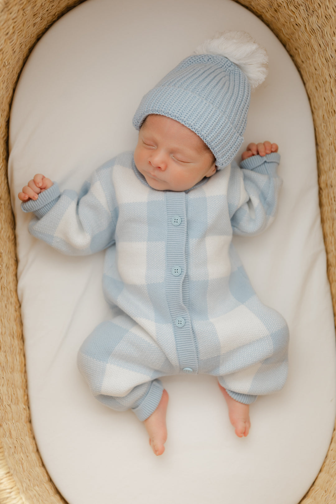 Gingham Knit Jumpsuit in Baby Blue