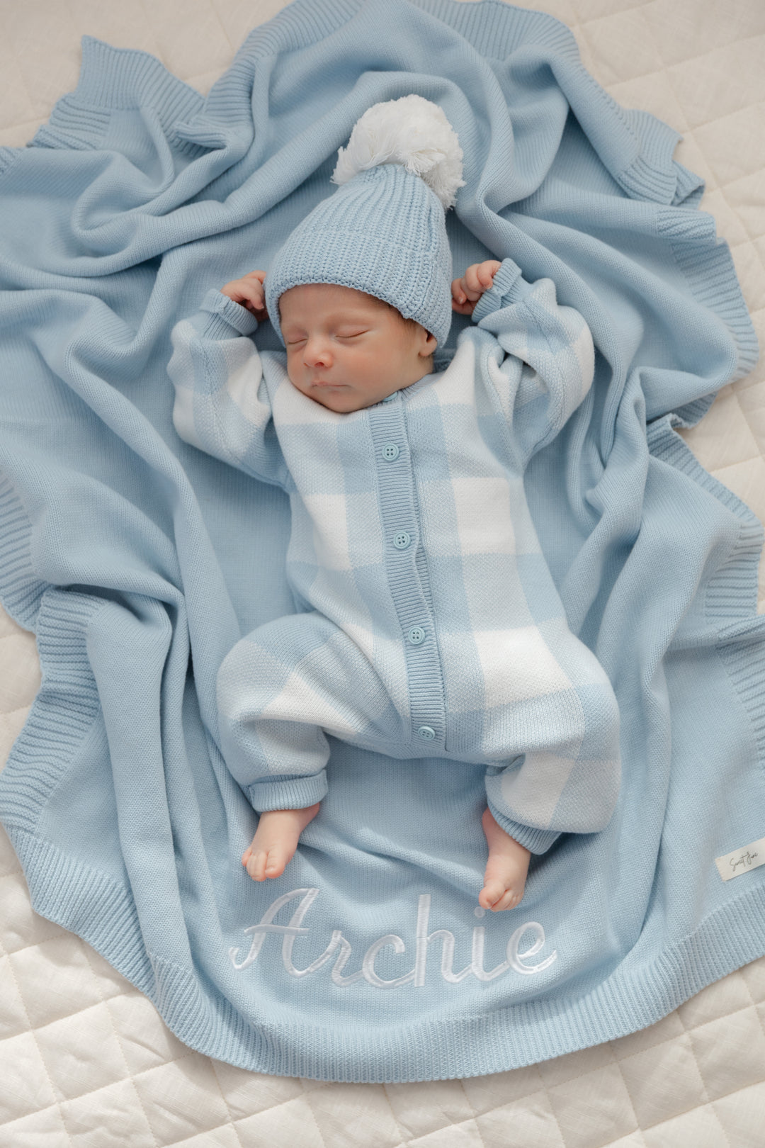 Gingham Knit Jumpsuit in Baby Blue