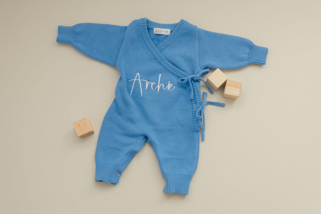 Long Wrap Knit Romper - Cornflower Blue