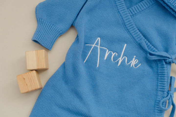 Long Wrap Knit Romper - Cornflower Blue