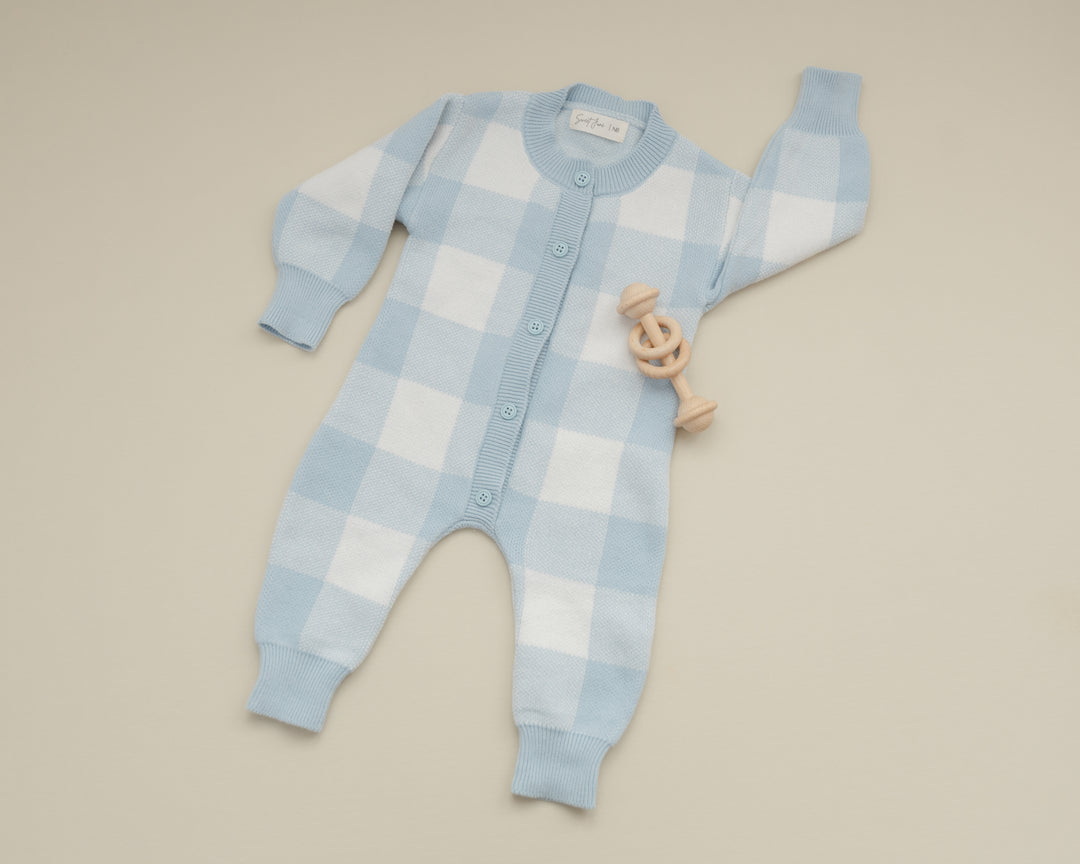 Gingham Knit Jumpsuit in Baby Blue