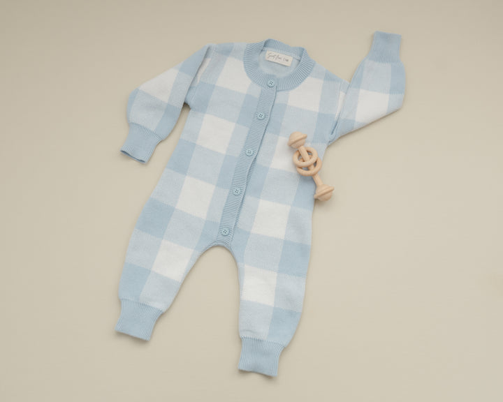 Gingham Knit Jumpsuit in Baby Blue