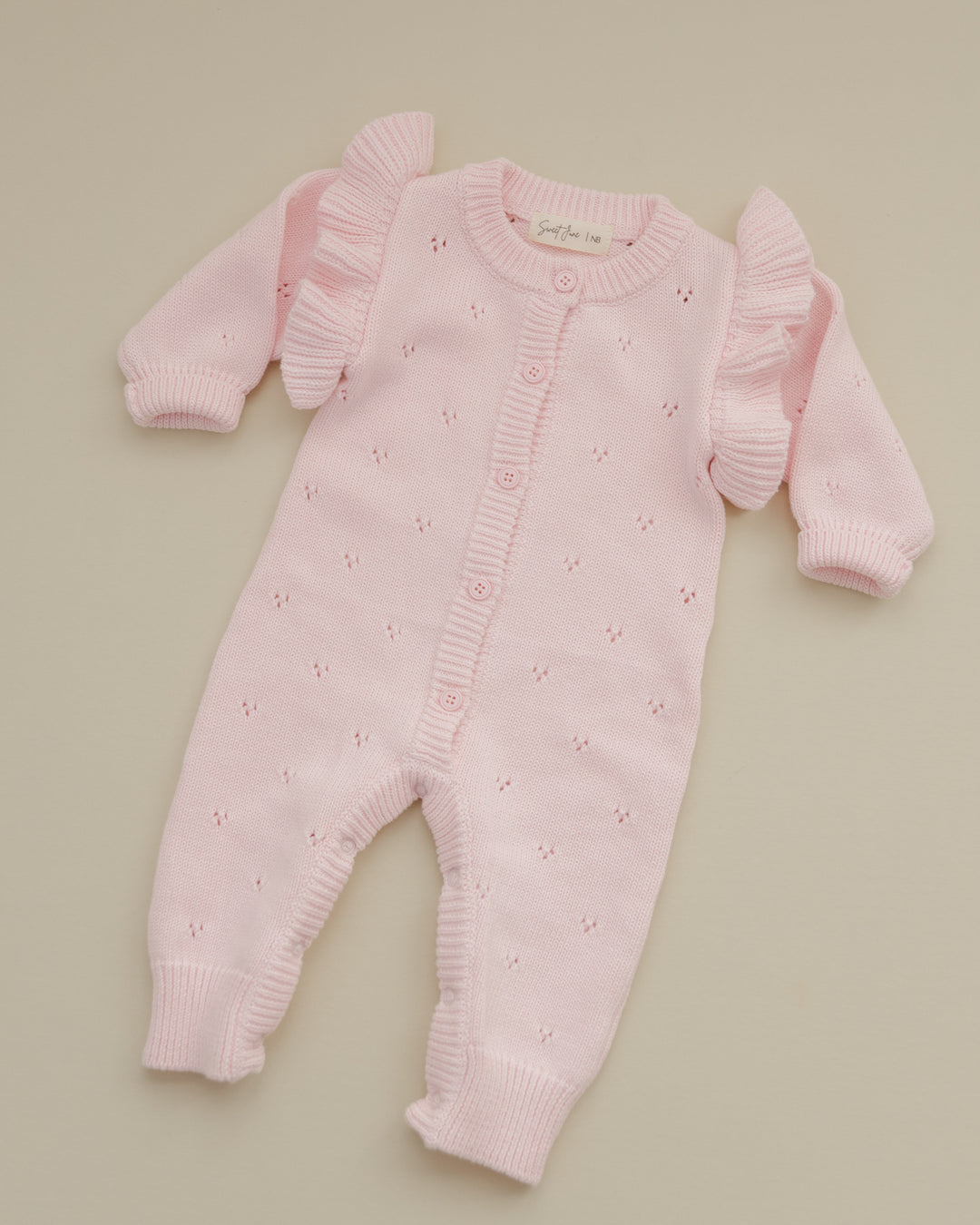 Pointelle Ruffle Knit Jumpsuit in Petal Pink