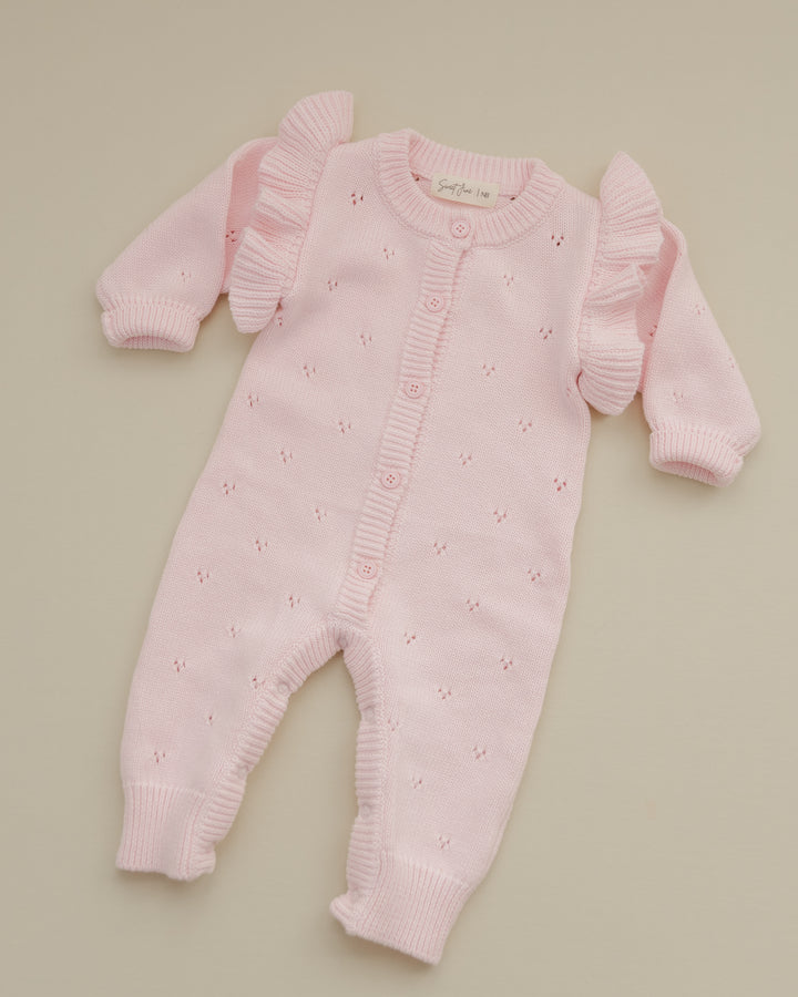 Pointelle Ruffle Knit Jumpsuit in Petal Pink