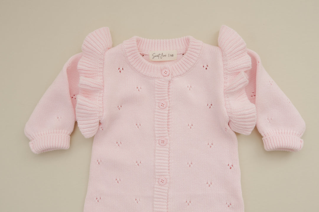 Pointelle Ruffle Knit Jumpsuit in Petal Pink