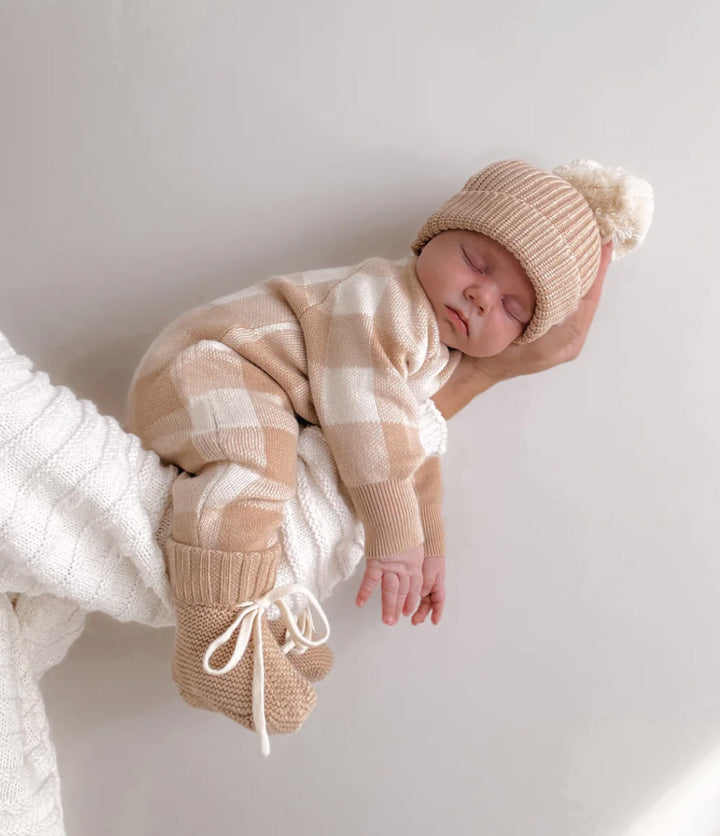 Gingham Knit Jumpsuit in Tan