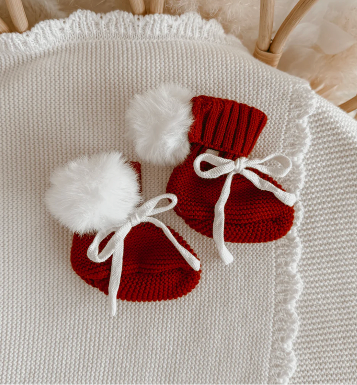 Christmas Red Knit Booties - Pom Poms