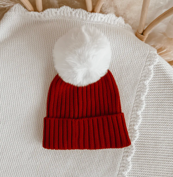 Knit Pom Cuff Beanie - Santa red