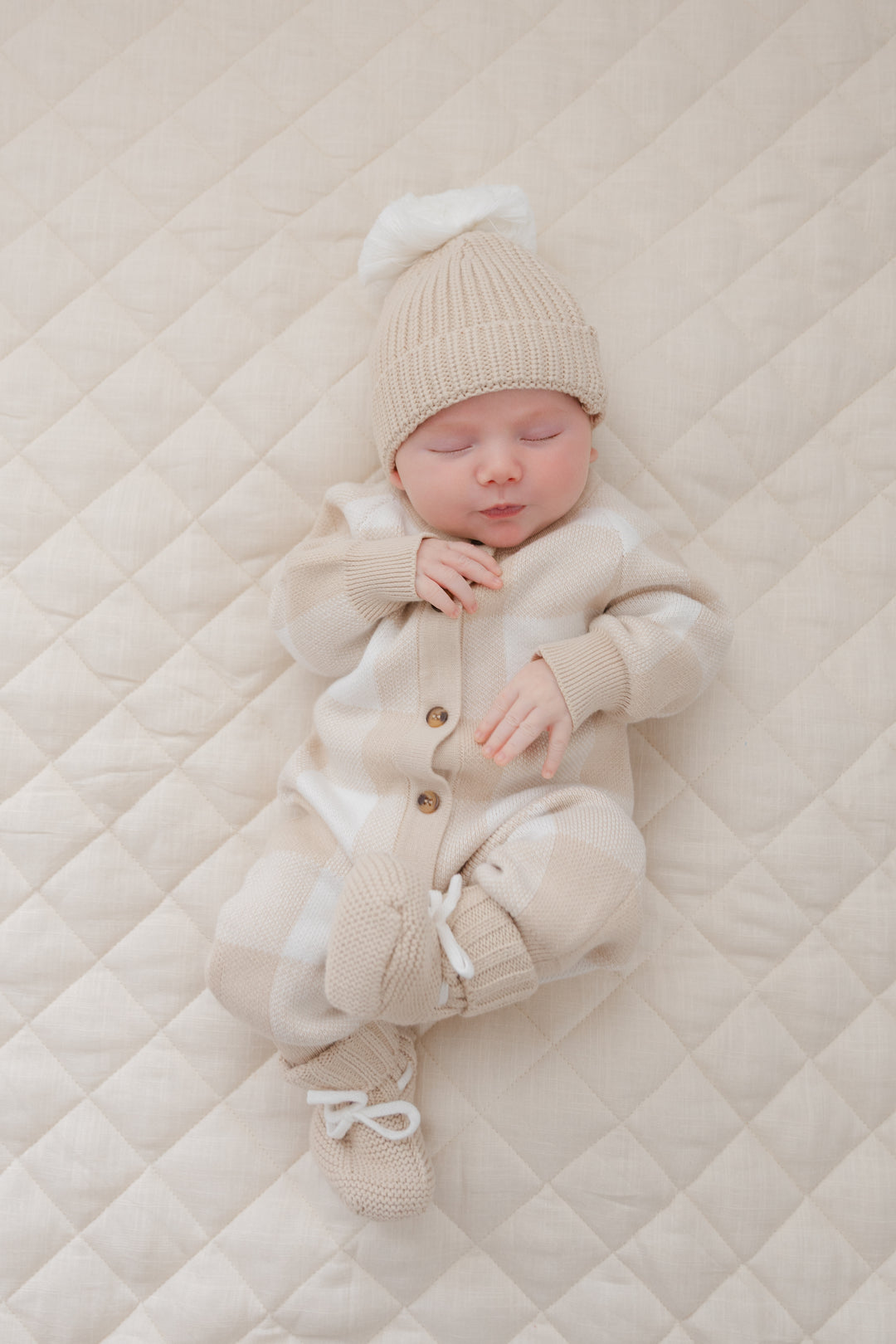 Gingham Knit Jumpsuit in Tan