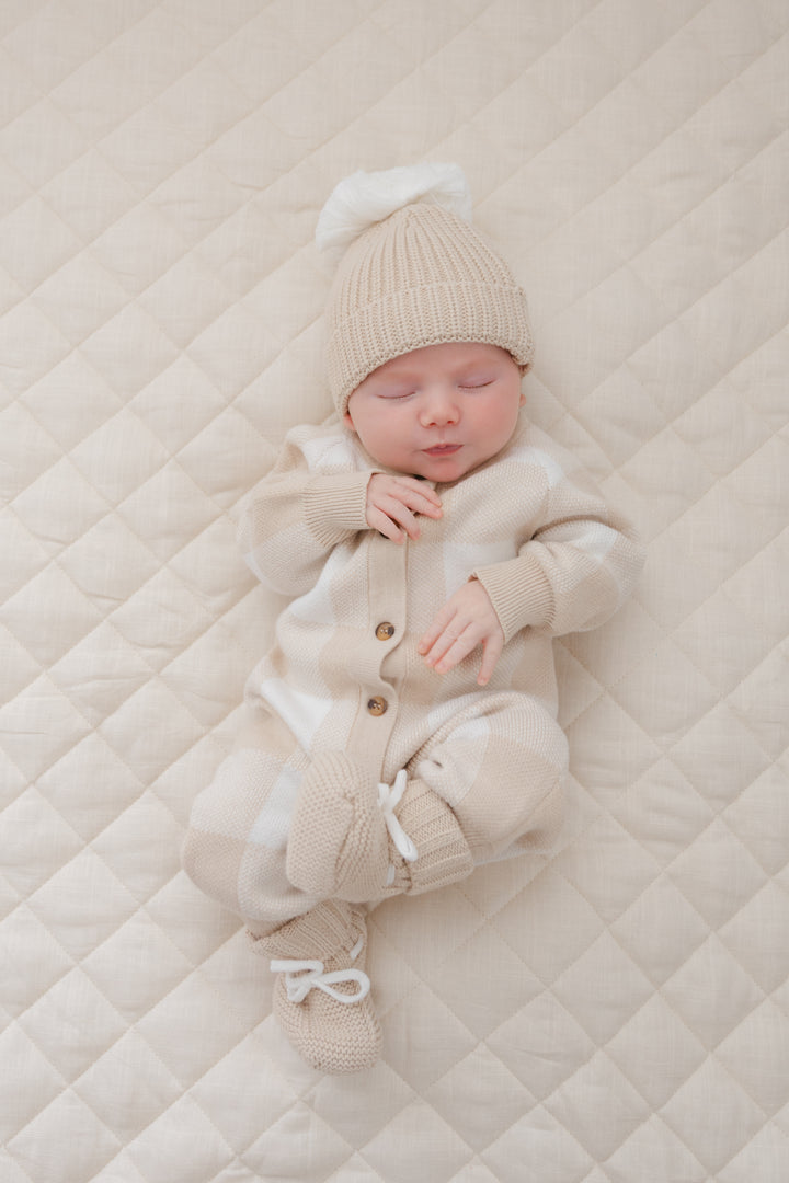 Gingham Knit Jumpsuit in Tan