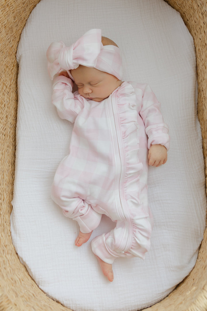 Ruffle Full Zip Romper Pajamas Set | Pink Gingham