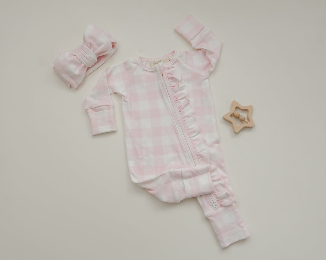 Ruffle Full Zip Romper Pajamas Set | Pink Gingham