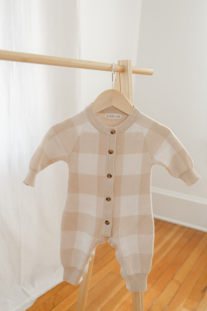 Gingham Knit Jumpsuit in Tan