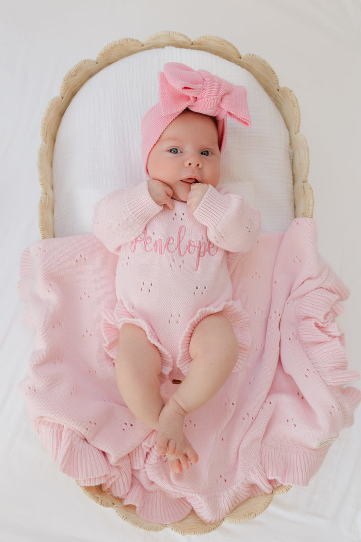 Pointelle Ruffle Personalized Romper - Petal Pink